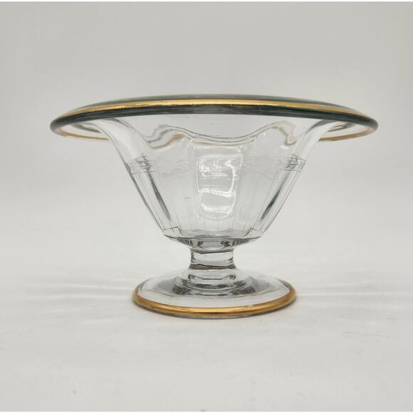 Glass Pedestal Compote Bowl Gold & Green‎ Edge Trim Flowers & Leaves Etched Band - Picture 1 of 8